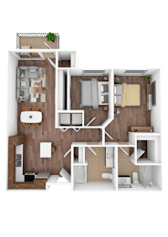 Floor Plan  A 3D floor plan of a small apartment with a kitchen, living room, and bedrooms.