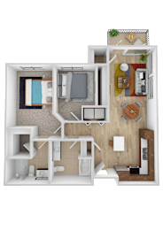 Floor Plan  A top-down view of a house layout with a kitchen, living room, and bedrooms.