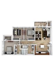 Floor Plan  A floor plan of a house with a kitchen, living room, and bedrooms.