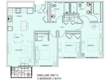 Floor Plan  A top-down view of a house layout with a kitchen, living room, and two bedrooms.