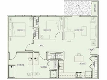 Floor Plan  A top-down view of a small apartment with a bedroom, living room, and kitchen.