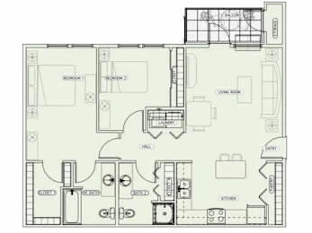 Floor Plan  A top-down view of a small apartment with a living room, kitchen, and bedroom.