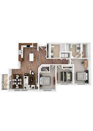 Floor Plan  A floor plan of a house with a kitchen, living room, and bedrooms.