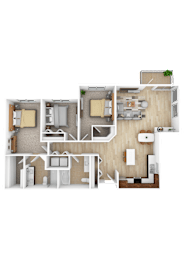 Floor Plan  A floor plan of a house with two bedrooms, a living room, a kitchen, and a bathroom.