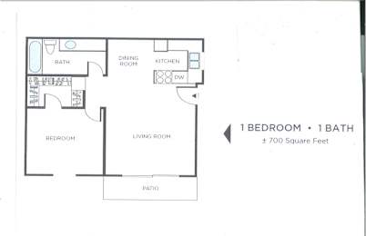 A floor plan of a one bedroom apartment with a living room, dining room, kitchen and bath.