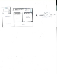 A drawing of a floor plan for a 2 bedroom, 1 bath apartment.