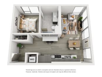a 3d rendering of our 1 bedroom apartment at the crossings at white marsh apartments in white