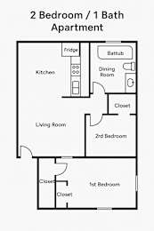 A black and white diagram of a 2 bedroom apartment with 1 bath.