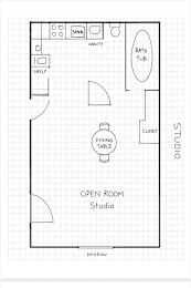 A floor plan of a studio apartment with an open room and a study.
