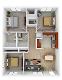 A top-down view of a small apartment with a kitchen, living room, and two bedrooms.