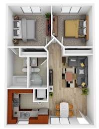 A 3D floor plan of a small apartment with a kitchen, living room, and two bedrooms.