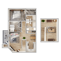 a 3d rendering of a bedroom and a floor plan of a house