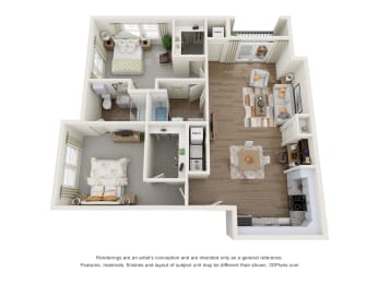 a 3d floor plan of a 3 bedroom apartment