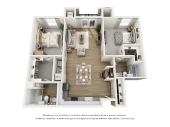 a 3d floor plan of a 3 bedroom apartment