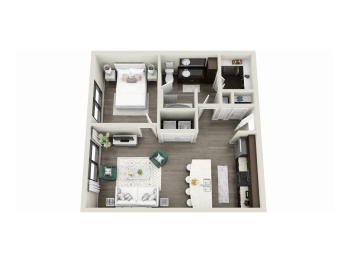 a bedroom with a bed and a chair in a room