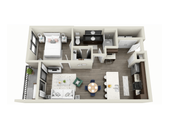 a stylized floor plan of a 1 bedroom apartment
