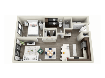 a stylized floor plan of a 1 bedroom apartment