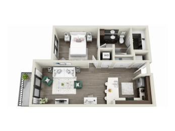a stylized floor plan of a 1 bedroom apartment