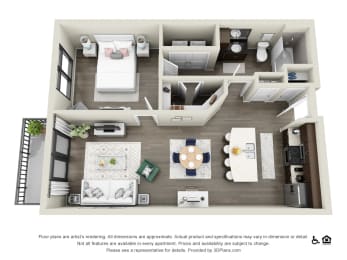 a 3d rendering of a 1 bedroom apartment