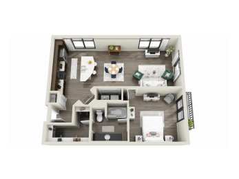 a 3d floor plan of a 1 bedroom apartment