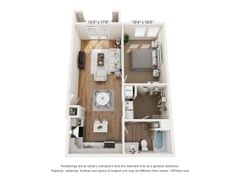 a 1 bedroom floorplan with a bedroom and a living room