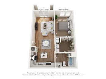 a floor plan of a 1 bedroom unit with a wood floor
