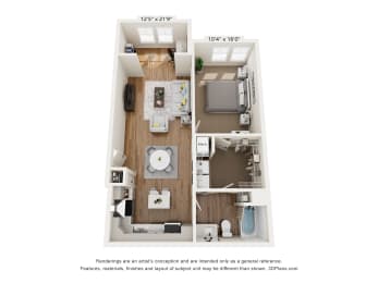 a 1 bedroom floor plan with a bedroom and a living room