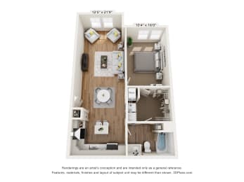 a 1 bedroom floorplan with a bedroom and a living room