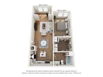 a 1 bedroom floor plan with a bedroom and a living room