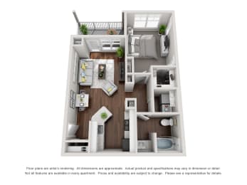 a 3d floor plan of a 1 bedroom apartment