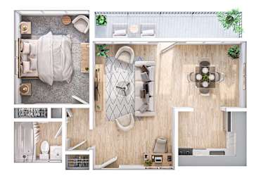 A top-down view of a small apartment with a bedroom, living room, kitchen, and bathroom.