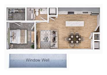 A top-down view of a well-organized apartment with a kitchen, living room, and bathroom.