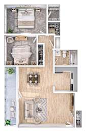 A top-down view of a small apartment layout with a bedroom, living room, and kitchen.