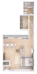 A top-down view of a small apartment with a kitchen, living room, and bathroom.