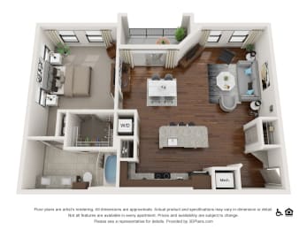 a 3d rendering of our 1 bedroom apartment at the crossings at white marsh apartments in white