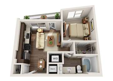 a 3d rendering of a 1 bedroom apartment with wood floor