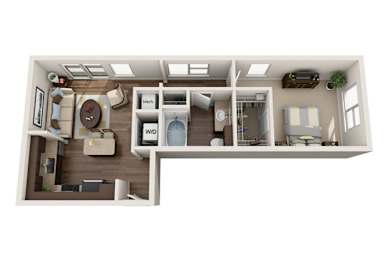 a stylized floor plan with a bedroom and a living room