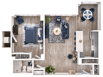 A top-down view of a room with a blue and white color scheme.