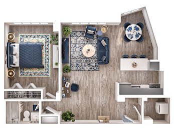 A top-down view of a house layout with a kitchen, living room, and bathroom.
