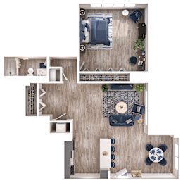 A top-down view of a living room with a couch, a coffee table, and a rug.