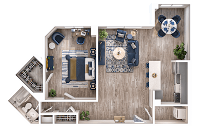 A top-down view of a room with a living area, kitchen, and bathroom.