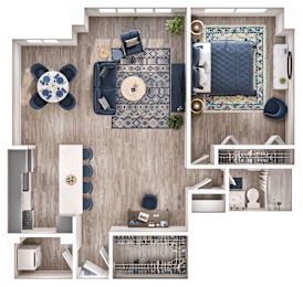 A top-down view of a room with a dining table, couch, and a rug.