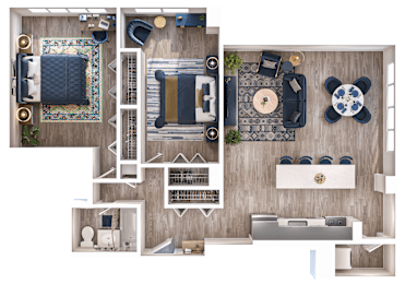 A top-down view of a room layout with furniture and decor.