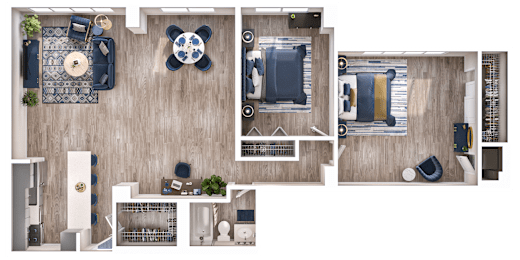 A floor plan of a house with a kitchen, living room, and bedrooms.