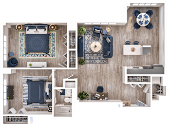 A top-down view of a room with a bed, a couch, a desk, and a chair.