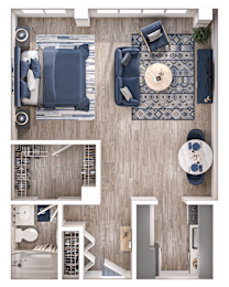 A top-down view of a living room with a sofa, armchair, coffee table, and a small dining area.
