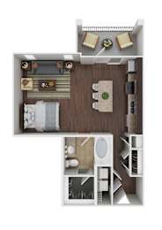 A top-down view of a small apartment with a kitchen, living room, and bathroom.