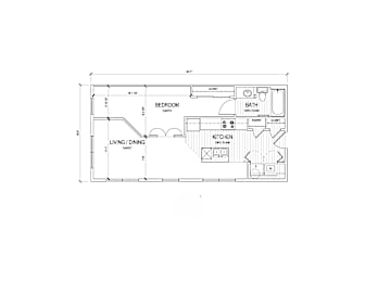 A floor plan of a small apartment with a living room, bedroom, and kitchen.