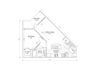 A floor plan of a house with a bedroom, living room, kitchen, bathroom, and closet.
