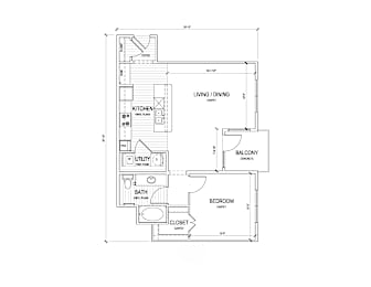 A floor plan of a house with a living room, dining room, kitchen, bathroom, bedroom, and balcony.